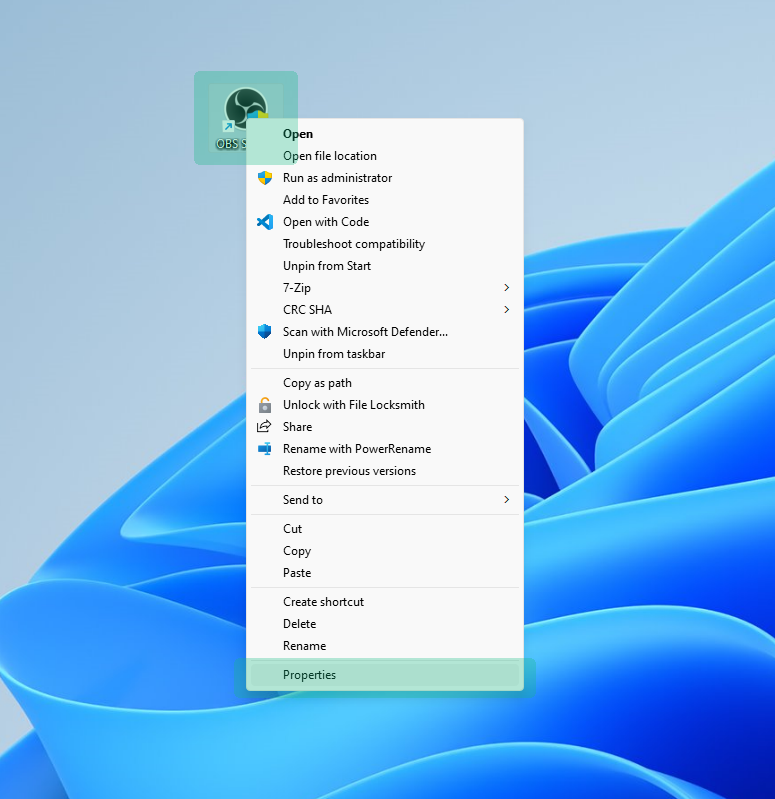 Right click the OBS shortcut then click Properties.