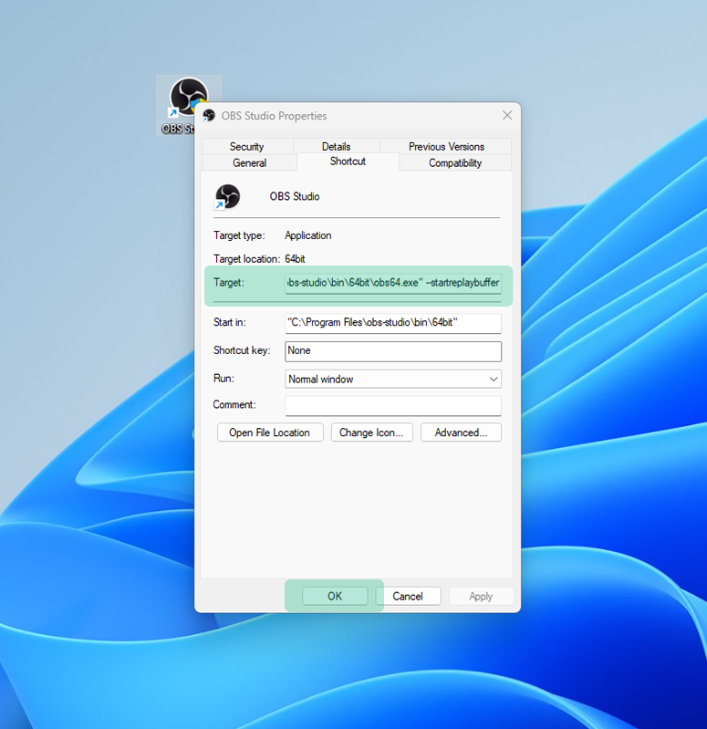 Add the --startreplaybuffer to the Target area.