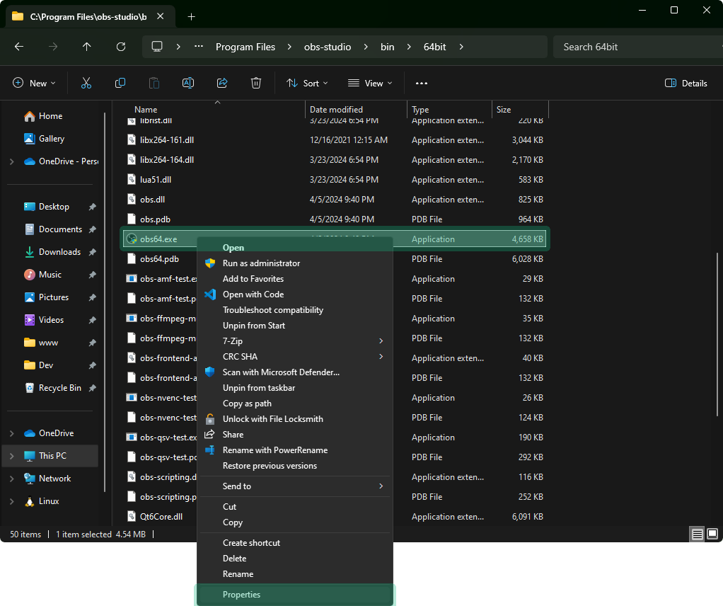 Right click the obs64.exe then click properties.