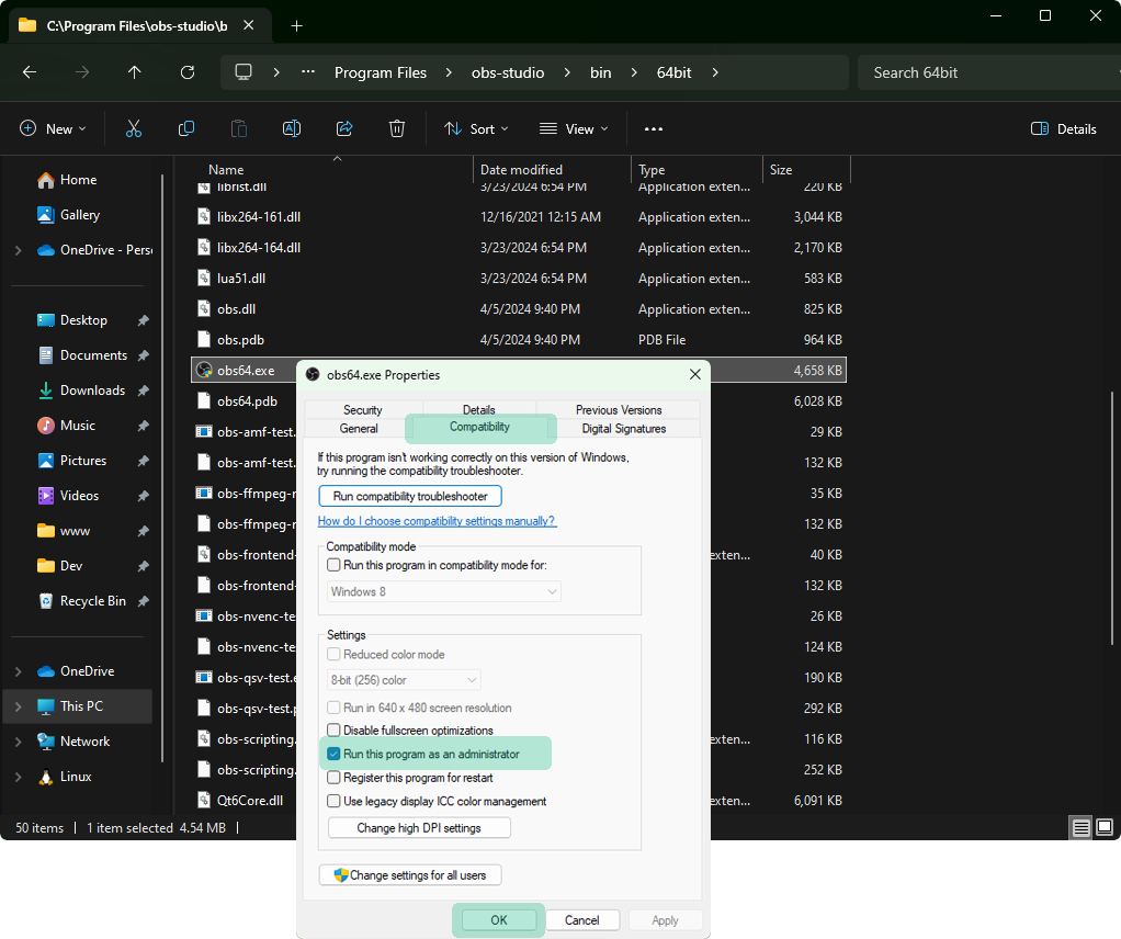 Click the compatibility tab then click Run this program as an administrator.