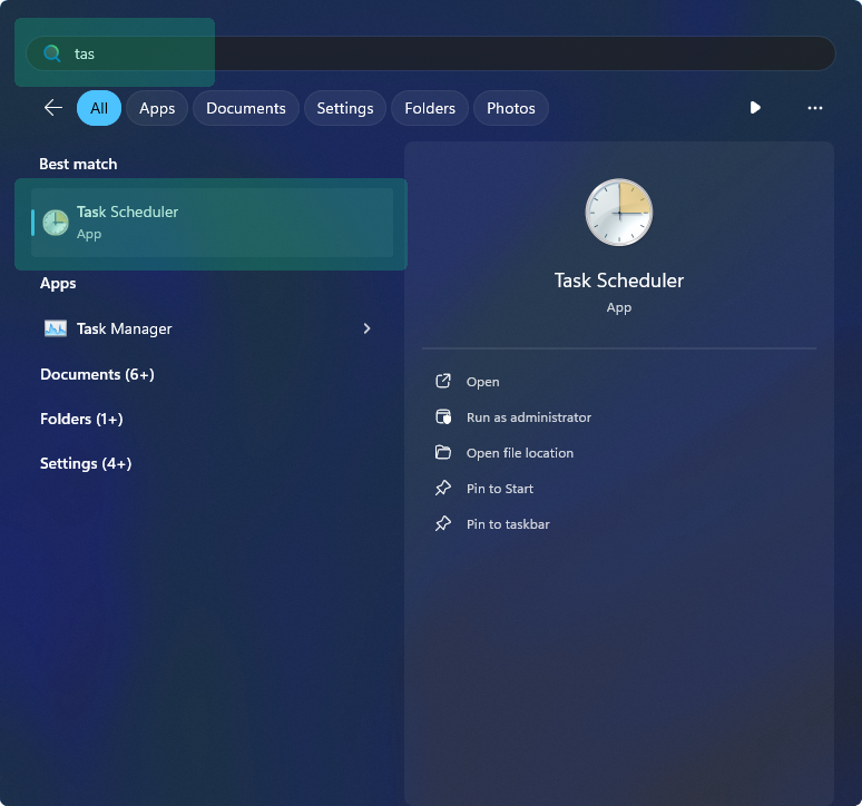 Open the Windows menu, type task, then click the on Task Scheduler.