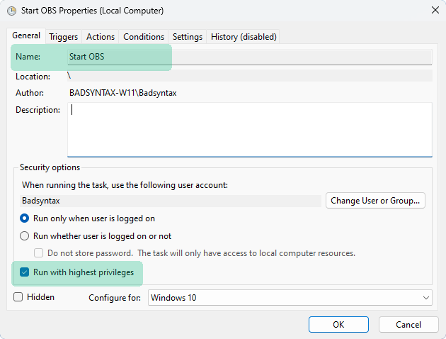 Add a name to the task and check Run with highest privileges.