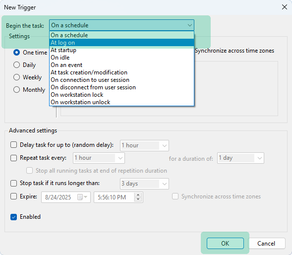 Click the Begin the task dropdown and choose At log on.